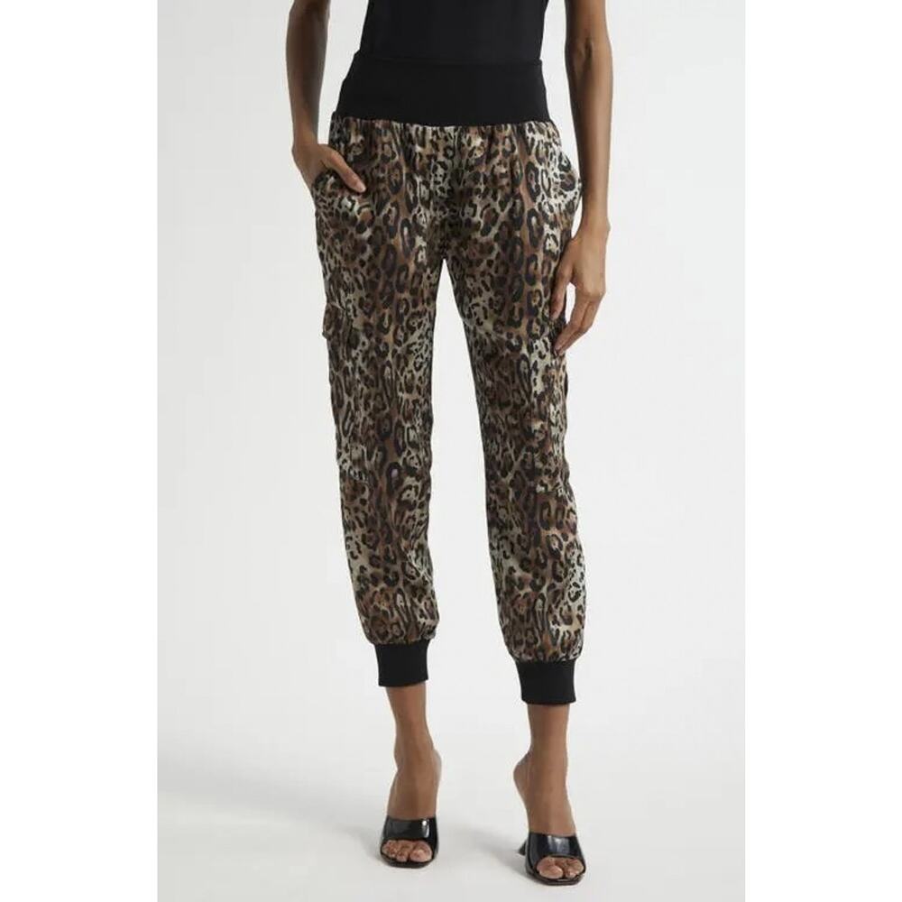 Cinq A Sept NEW Giles Leopard Satin High Rise Tapered Joggers Pants Small